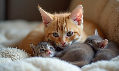 Sweet Ginger Kitten Cuddling with Sleepy Grey Siblings on White Blanket