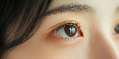 Fototapeta premium Candid portrait focusing on a young Asian woman's eye, showcasing the intricate detail of her skin and makeup.