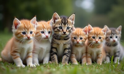 Group of Playful Kittens Lounging Together in Garden Setting