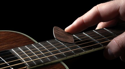 Fototapeta premium A hand holding a guitar pick, ready to strum the strings of an acoustic guitar.