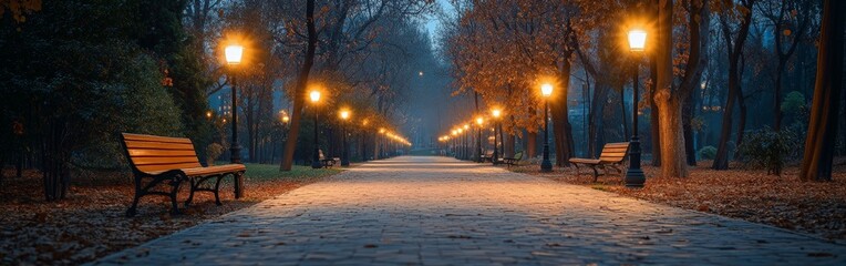 Naklejka premium A peaceful night scene of a park path illuminated by warm streetlights, symbolizing solitude and reflection. Ideal for urban tranquility, relaxation themes, and outdoor lifestyle visuals.