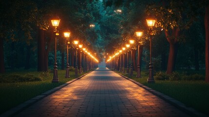 A peaceful night scene of a park path illuminated by warm streetlights, symbolizing solitude and reflection. Ideal for urban tranquility, relaxation themes, and outdoor lifestyle visuals.