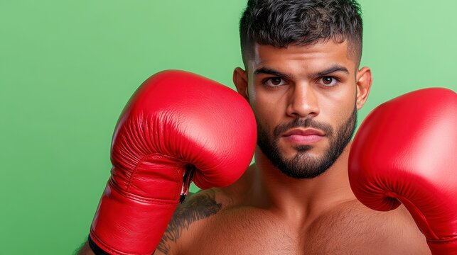 Intense Boxer Displaying Focus with Red Gloves on Green Background - Powered by Adobe