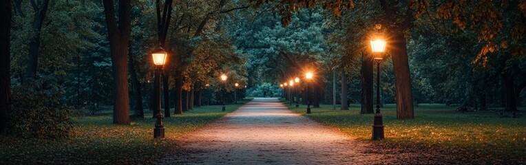 Obraz premium A peaceful night scene of a park path illuminated by warm streetlights, symbolizing solitude and reflection. Ideal for urban tranquility, relaxation themes, and outdoor lifestyle visuals.