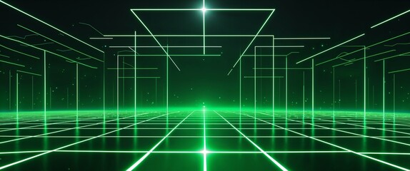 Vibrant green glowing grid with shifting lights surrounded by pure darkness and distant light reflections illustration background design