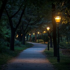 A peaceful night scene of a park path illuminated by warm streetlights, symbolizing solitude and reflection. Ideal for urban tranquility, relaxation themes, and outdoor lifestyle visuals.