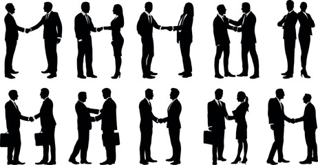 Business People Silhouettes. Handshakes, Discussions, and Deal Making Illustrations.