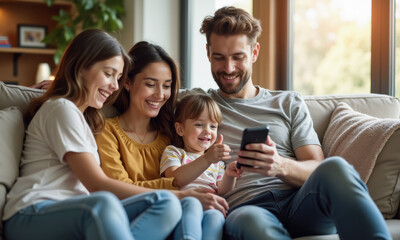 Fototapeta premium Happy family bonding: caucasian adults and children enjoying time together at home