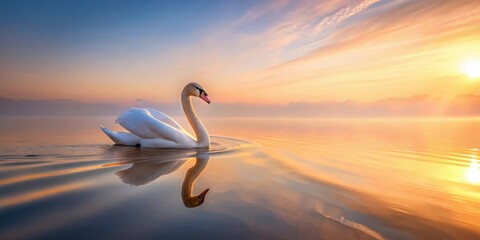 Fototapeta premium Art Swan floating on the water at sunrise with gentle ripples, calm, floating, calm, floating, reflections, morning,art