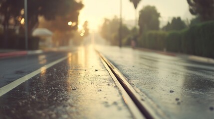 Wet street with tram tracks at sunrise.