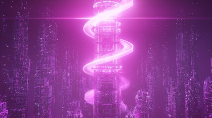 Obraz premium Illuminated Futuristic Skyscraper Casting Glittering Beam of Light Over Cityscape.