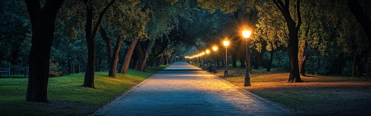 A peaceful night scene of a park path illuminated by warm streetlights, symbolizing solitude and reflection. Ideal for urban tranquility, relaxation themes, and outdoor lifestyle visuals.