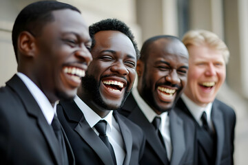 Four Businessmen Laugh Together, Showing Camaraderie and Positive Teamwork in Suits