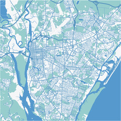 Map of Wilmington in North Carolina in a professional blue style. Contains layered vector with roads water, parks, etc.