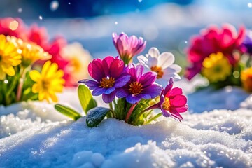 Delicate Snowdrop Flowers Emerging Through Winter Snow - Spring Blooms in Snowy Landscape