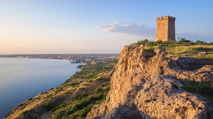 Twilight Overlook: Spectacular View of City Lights from Cliff Watchtower - Cinematic Ultra-Detailed Image