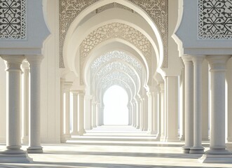 Fototapeta premium A white background with Islamic-inspired patterns and arches, a long corridor in the center of which there is an empty space for text or product display. 