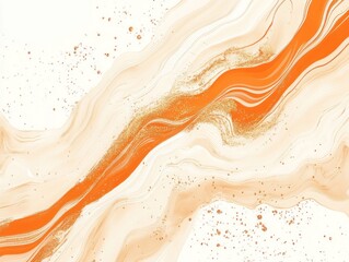 Abstract orange and white fluid art background with gold glitter accents on a flowing, wavy pattern