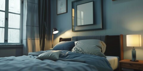 Nighttime view of cozy bedroom interior with neatly made bed, lamp on nightstand, and glowing window light.