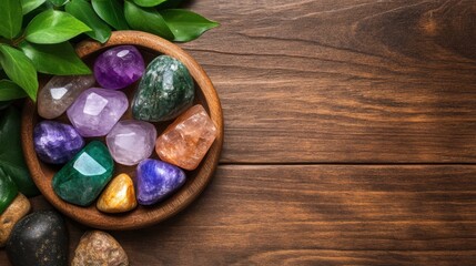 A wooden bowl filled with colorful gemstones rests on a wooden surface, accompanied by fresh green leaves, This image can be used for wellness, spirituality, or decorative themes,