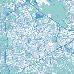 Map of Cary in North Carolina in a professional blue style. Contains layered vector with roads water, parks, etc.