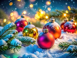 Obraz premium HD photo: Festive winter scene with glistening baubles and snowy fir branches.