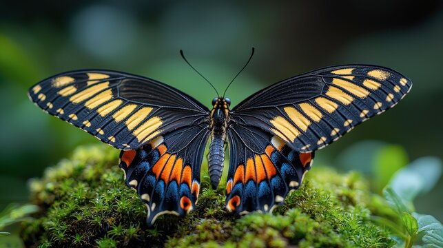Vibrant Butterfly with Black Yellow and Orange Wings on Lush Green Moss