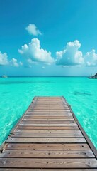 Weathered wooden plank extends over turquoise sea, relax, image