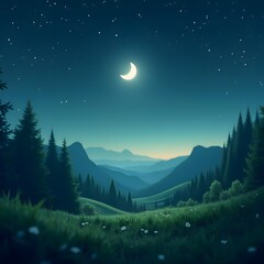 Moonlit Serenity Tranquil Greenery and Starlit Sky