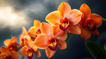 Obraz na płótnie Canvas A vibrant orchid bouquet held against the backdrop of a stormy sky, with dramatic lighting highlighting the intricate petals, during an intense weather moment