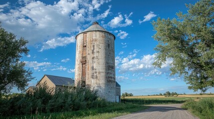 A large grain silo standing tall against a bright blue sky on a farm