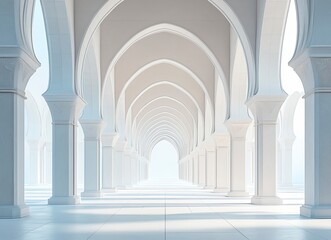 Fototapeta premium A white background with Islamic-inspired patterns and arches, a long corridor in the center of which there is an empty space for text or product display. 