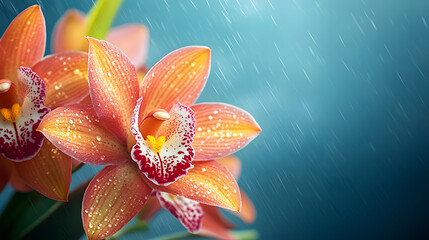 A vibrant orchid bouquet held against the backdrop of a stormy sky, with dramatic lighting highlighting the intricate petals, during an intense weather moment