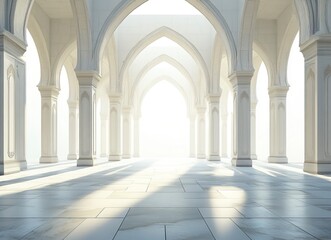 Obraz premium A white background with Islamic-inspired patterns and arches, a long corridor in the center of which there is an empty space for text or product display. 