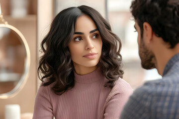 Woman Listens Intently to a Man During a Conversation with Medium Shot Perspective