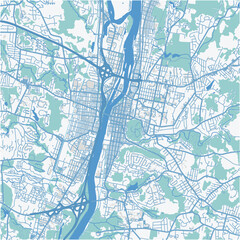 Map of Troy in New York in a professional blue style. Contains layered vector with roads water, parks, etc.