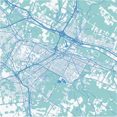 Map of Utica in New York in a professional blue style. Contains layered vector with roads water, parks, etc.