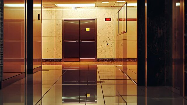 Modern Interior Design of an Empty Hospital Corridor with Glass Doors and Wooden Finishes