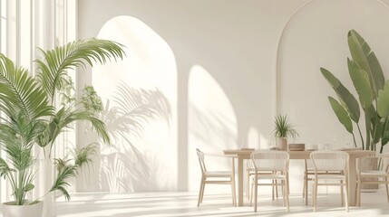 Dining room with white wall, sideboard, table, chairs and ornamental plants. 3D rendering, interior design, 3D illustration	