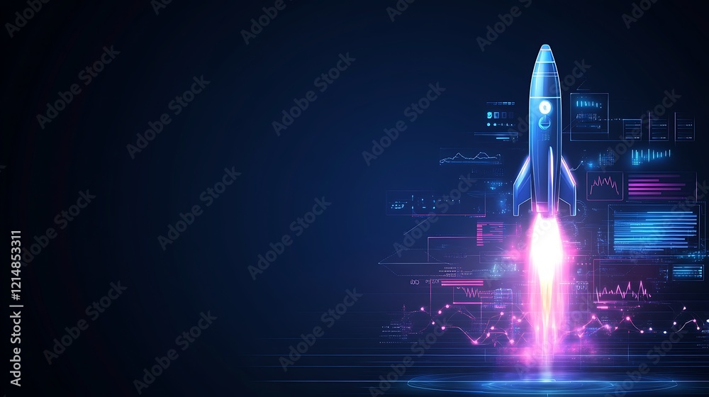 Poster rocket launching into the digital space with data analytics and technology background