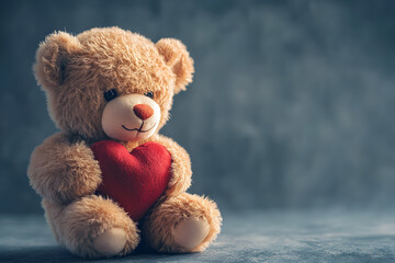Obraz premium Teddy bear holding a heart with copy space