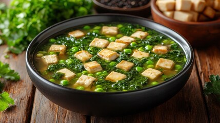 Vegan Tofu Soup, Peas, Kale, Wooden Table