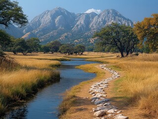 Scenic mountain landscape with a meandering stream and stone path through golden grasses
