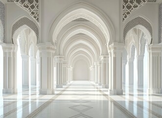 Obraz premium A white background with Islamic-inspired patterns and arches, a long corridor in the center of which there is an empty space for text or product display. 