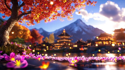 Fototapeta premium serene landscape featuring vibrant tree with red leaves, blooming flowers, and tranquil water scene. background showcases mountains and traditional architecture, creating peaceful atmosphere