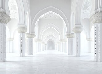 A white background with Islamic-inspired patterns and arches, a long corridor in the center of which there is an empty space for text or product display. 