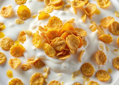 Delicious Corn Flakes Floating in Milk &ndash; Top View Close-up