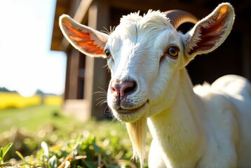 Farm Goat Eating Hay - Sunny Day