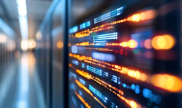 Server room data display, network activity, background blurred corridor - Powered by Adobe