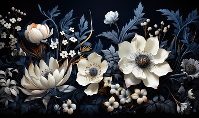 Blue and white 3D flowers on background.